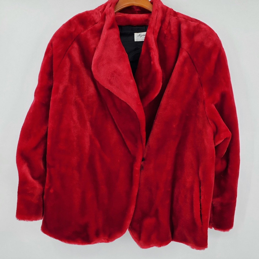 Vintage Signatures by Style Red Faux Fur Jacket Shawl Collar USA Mob Wife Y2K